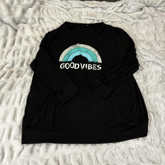 Tunic Top Womens 24W Plus Black Long Sleeve Graphic Good Vibes Rainbow Boho Chic - Picture 1 of 6